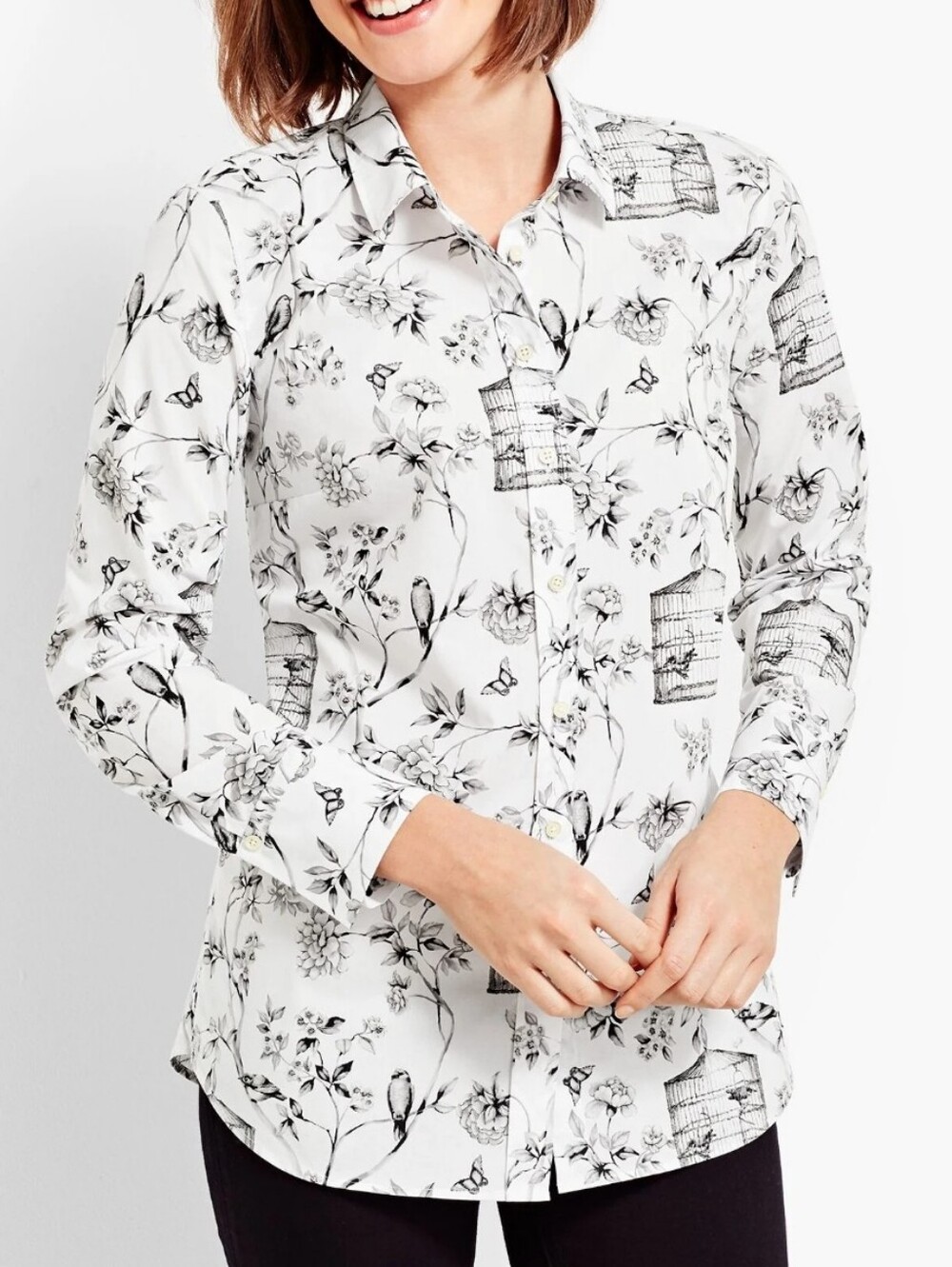 Talbots 1X Birdcage Toile Print Long Sleeve Cotton Shirt